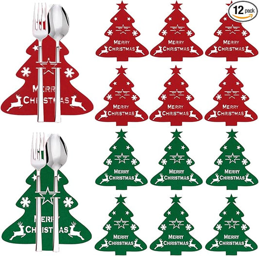 12 Pcs Christmas Tree Flatware Holder Xmas Tree Shaped Cutlery Holder Bags Knife Folk Holder Pockets Felt Silverware Tableware Cover Table Decoration for Christmas New Year Party Dinner Table Décor