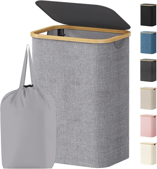 Lifewit 80L Laundry Basket with Lid, Clothes Hampers for Laundry with Bamboo Handles and 1 Removable Bag, Large Foldable Laundry Hamper for Bedroom, Bathroom, Dorm, Laundry Room, Light Gray