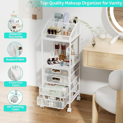HapiRm Makeup Organizer Storage Cart - Floor Skincare Make Up Storage with 4 Drawers, Rolling Makeup Cart Vanity Organizer Cosmetics Display Cases Holder for Skin Care Perfume Nail Polish
