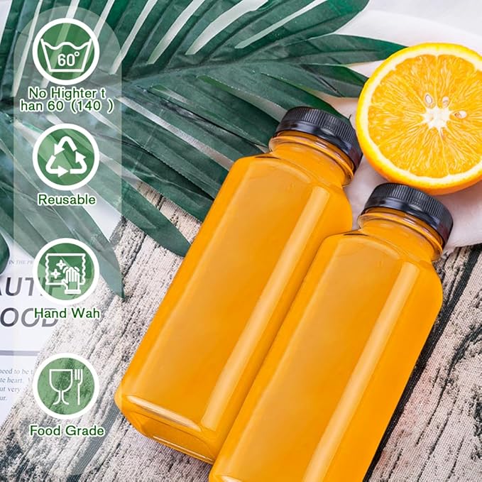 Plastic Juice Bottles with Caps 12 Pack -12oz Reusable Juicing Containers with 12 Labels & Silicone Funnels- Food Grade Leakproof Clear Bottles for Juice Milk Coffee Smoothie Drinking Christmas Gifts