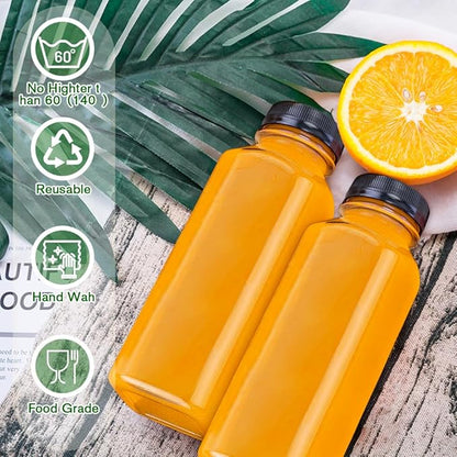 Plastic Juice Bottles with Caps 12 Pack -12oz Reusable Juicing Containers with 12 Labels & Silicone Funnels- Food Grade Leakproof Clear Bottles for Juice Milk Coffee Smoothie Drinking Christmas Gifts