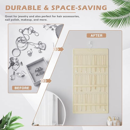 Hanging Jewelry Organizer Storage Roll, Double-Sided Necklaces Holder, 42 Pockets Plus 36 hooks Earrings Organizer Hang in Closet, On Wall, or Doors, Beige