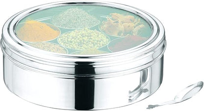 Vinod 7 in 1 Stainless Steel Spice Box with Lid | Indian Masala Dabba | Indian Spice Box | Masala Dani for Kitchen | Includes 7 Small Containers, 1 Spoon & a See Through Lid | 8 Inches Diameter