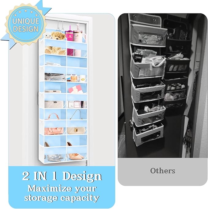 Blue Over the Door Organizer 5 Tiers, Extra Large Behind Door Storage of 10 Compartments, 80 lbs Weight Capacity Hanging Storage Organizer with Clear Window Kids Toys, Shoes, Diapers, Room storage