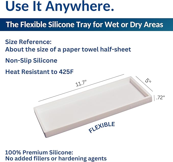 Spacewiser Countertop and Vanity Tray - 11.7" Silicone Bathroom Tray Countertop, Dish Soap Trays for Kitchen Counter, Bathroom Counter Organizer Accessories Caddy, Shower Trays Makeup Mat Oil, White