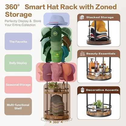 Keebofly 360° Rotating 5-Tier Hat Rack Stand - Large Capacity Freestanding Hat Display Rack, Hat Organizer for Baseball Caps with Shelves, Hat Storage Holds 150+ Hats, Classy for Retail Store & Home