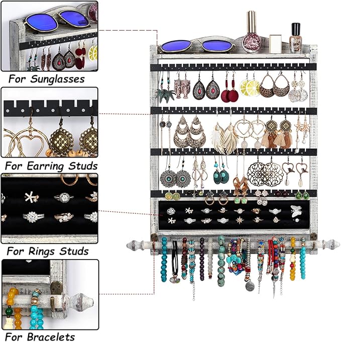 Wall Jewelry Organizer Set of 3 Jewelry Holder Jewelry Organizer Wall Mounted Wood Hanging Jewelry Wall Organizer Rustic Jewelry Hanger for Jewelry Storage Display