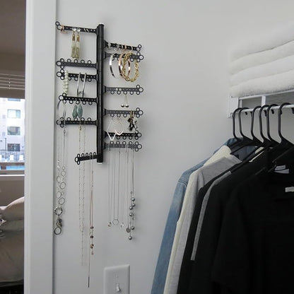 AllHungUp 12-Tier Wall Jewelry Organizer Wall Mounted Jewelry Organizer Necklace Holder Wall Mount Hanging Necklace Organizer Jewelry Hanger Wall Mounted Earring Holder Display Earring Organizer Black