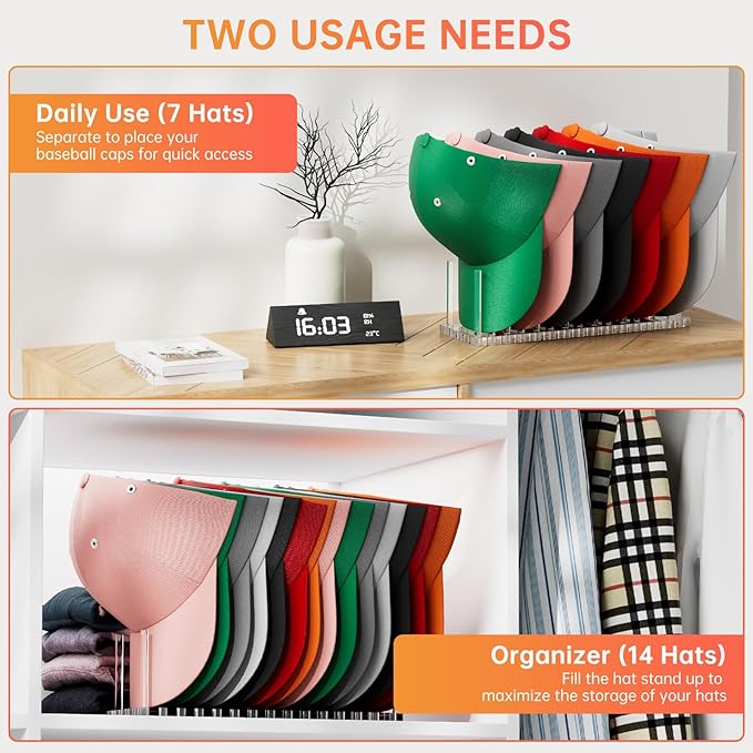Hat Organizer for Baseball Caps, Acrylic Hat Rack for 14 Baseball Caps, Hat Holder Display and Organizer for Closet, Tabletop, Dressing Table