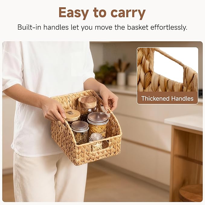 StorageWorks Pantry Baskets for Organizing, Wicker Basket with Built-in Handles, Handwoven Wicker Storage Baskets, Water Hyacinth for Shelves, 4 Pack