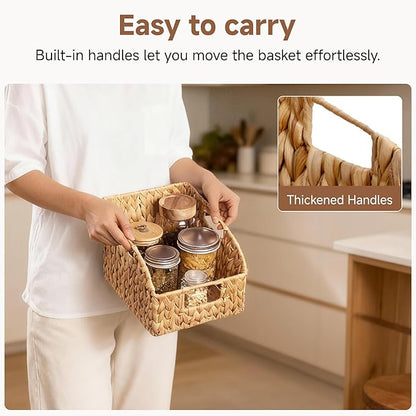 StorageWorks Pantry Baskets for Organizing, Wicker Basket with Built-in Handles, Handwoven Wicker Storage Baskets, Water Hyacinth for Shelves, 4 Pack