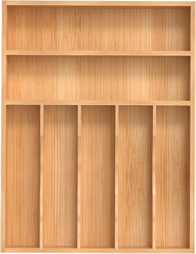 Silverware Organizer, Bamboo Kitchen Drawer Organizer, Utensil Holder, Cutlery Tray & Spoon Flatware Storage with Grooved Drawer Dividers (13''W x 17''D)