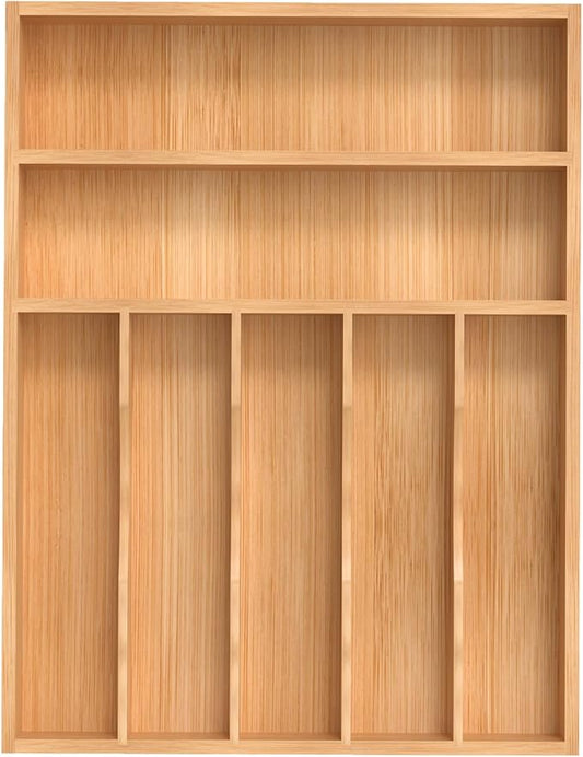 Silverware Organizer, Bamboo Kitchen Drawer Organizer, Utensil Holder, Cutlery Tray & Spoon Flatware Storage with Grooved Drawer Dividers (13''W x 17''D)