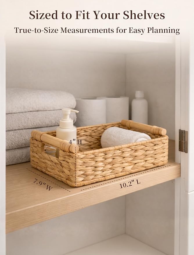 Water Hyacinth Wicker Basket, 10.24*7.87*3.94 Inch Woven Basket with Handles, Wooden Handles Wicker Storage Basket, Rattan Basket for Decorative Baskets, Pantry, Shelves, Gift, Toys - Small