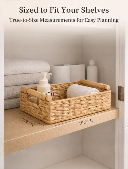 Water Hyacinth Wicker Basket, 10.24*7.87*3.94 Inch Woven Basket with Handles, Wooden Handles Wicker Storage Basket, Rattan Basket for Decorative Baskets, Pantry, Shelves, Gift, Toys - Small