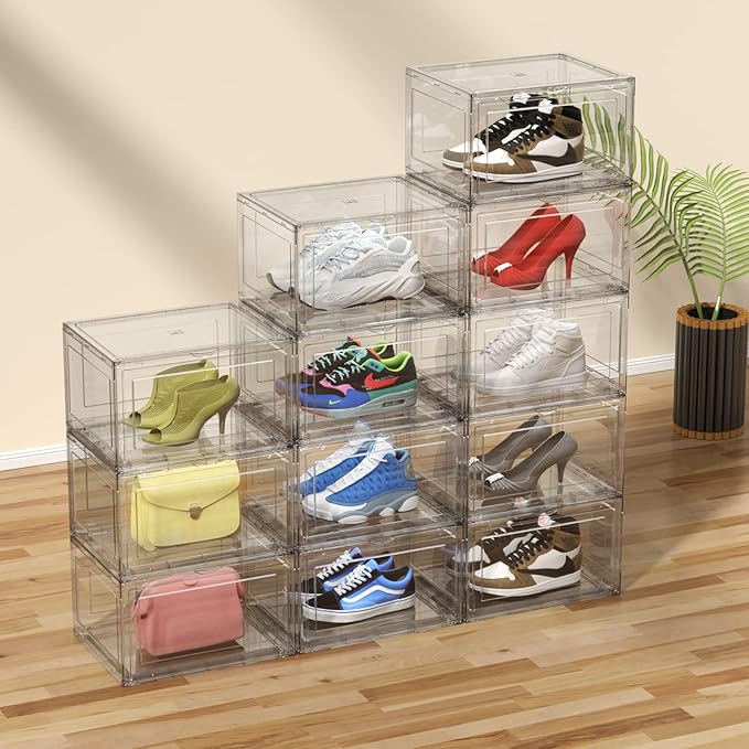 12 Packs Acrylic Shoe Boxes, Clear Plastic Stackable Acrylic Sneaker Boxes, Display Case for Sneaker Fits Up to US Size 15