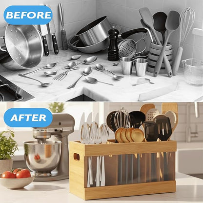 2 in 1 Kitchen Utensil Holder with Over Sink Dish Drying Rack, Bamboo Utensil Holder for Kitchen Countertop – Large Cooking Utensil Organizer & Silverware Caddy with 6 Compartments with Drying Stone
