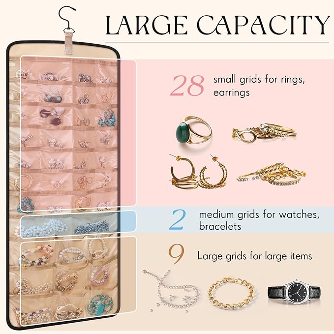 2 Pack Hanging Jewelry Organizer Storage with 39 Pockets, 30 Necklace Hooks Double Sided Wall Mount Earring Holder Organizer Bracelet Necklace Jewelry Display Hanger for Closet Door(Black)