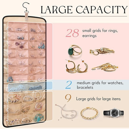 2 Pack Hanging Jewelry Organizer Storage with 39 Pockets, 30 Necklace Hooks Double Sided Wall Mount Earring Holder Organizer Bracelet Necklace Jewelry Display Hanger for Closet Door(Black)