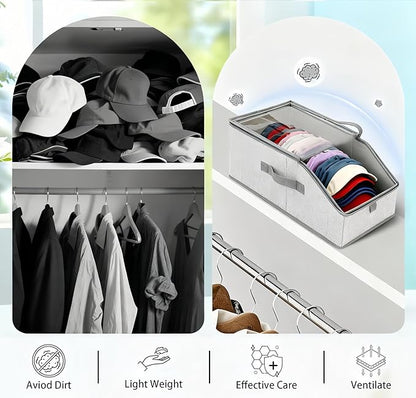 Stackable Hat Storage for Baseball Caps Clear Window Lid Large Space-Saving Hat Organizer for Closet, RV,Clothing Shelf, Sturdy Snapback Boxes Made of Breathable Fabric