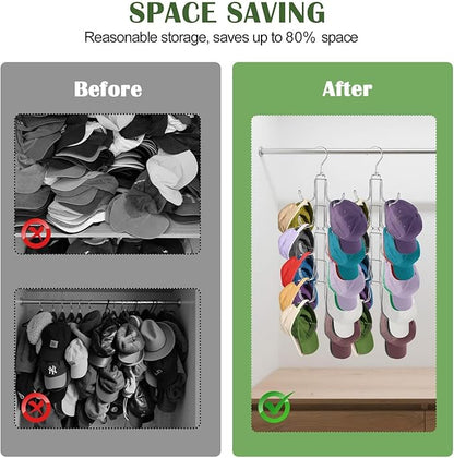 Hat Organizer for Closet, Rotatable Metal Caps Rack with 10 Large Hooks for Display, Holds Up to 40 Baseball Caps, Collapsible Hat Hanger for Closet, Dorm Room Organizers and Storage, White