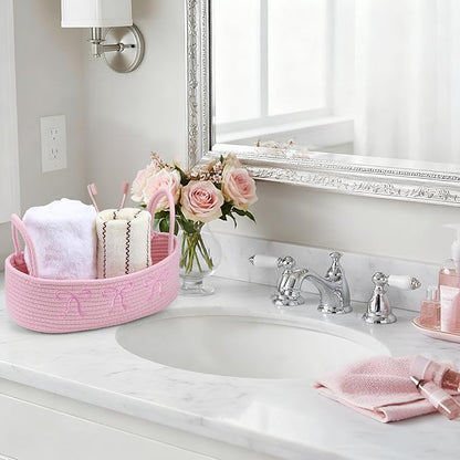 Vesici Pink Bow Woven Storage Basket for Toilet Tank Top Boho Cotton Rope Bathroom Countertop Organizer Basket with Handle Pink Bathroom Decor for Bedroom Nursery Toys Organizing, 13 x 6 x 4 Inch