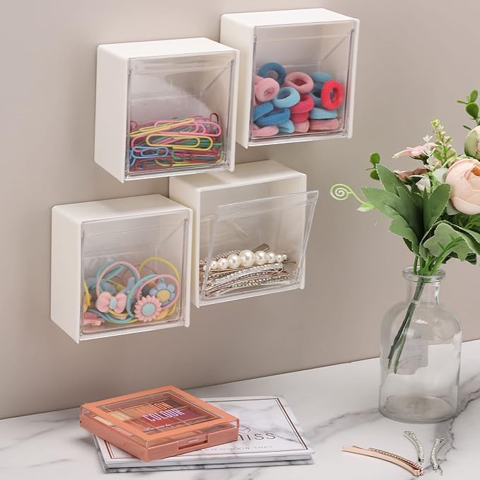 Tecbeauty 4PCS Cotton Pads Holder Dispenser, Wall Mounted Cotton Ball Organizers and Storage Box Rounds Jar Containers for Cotton Ball, Floss, Hairpin, Rubber Band, Clip（3.35in x1.8in x3.35in）