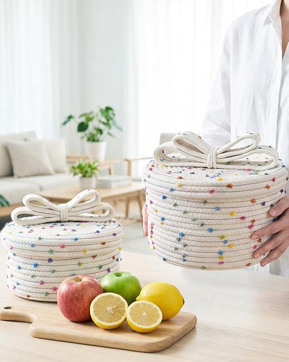 Small Woven Basket with Lid, Round Rope Storage Basket with Lid, Cute Storage Box for Small Toy, Gift or Home Decor, Rainbow Pom-pom & Cute Bow Handle (rainbow, L)