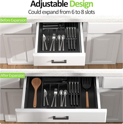 Bamboo Kitchen Drawer Organizer, Expandable Silverware Organizer with Removable Knife Block, 6-8 Slots- Utensil Holder & Cutlery Tray Drawer Dividers, 2.36" Deep for Extra Capacity, Black