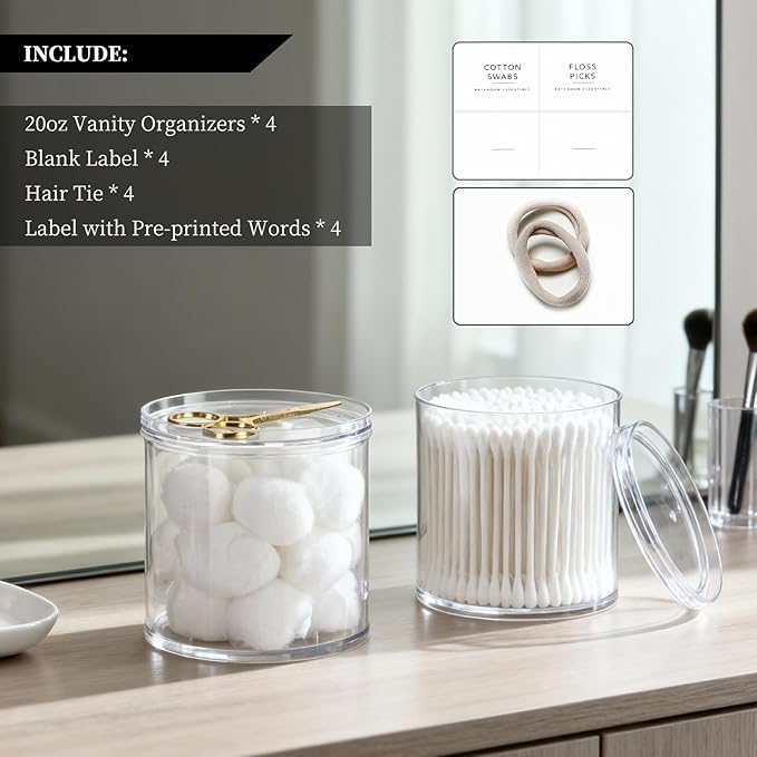 Stackable Clear Plastic Container 4pack - Round Vanity Storage Organizers with Lids for Hair Accessories & Beauty Supplies & Bathroom Container Set