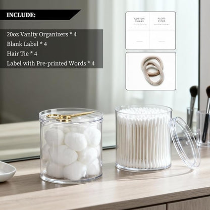 Stackable Clear Plastic Container 4pack - Round Vanity Storage Organizers with Lids for Hair Accessories & Beauty Supplies & Bathroom Container Set