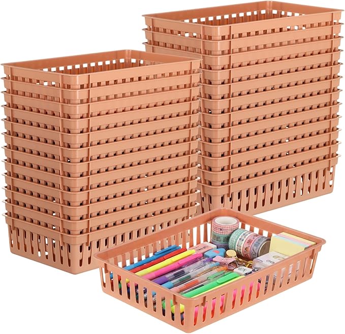 Wenqik 24 Pcs Plastic Storage Baskets for Classroom Organizing Small Pantry Storage Bins Rectangular Tray for School Household Toys Classroom Bedrooms, Kitchens Countertops (Brown)
