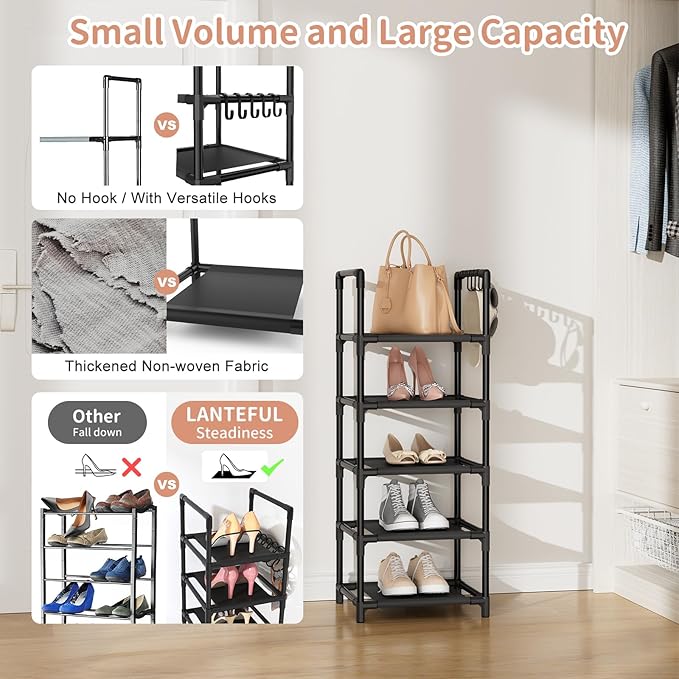 LANTEFUL Narrow Shoe Rack 5 Tier Shoe Shelf Storage for 5-10 Pairs Shoe and Boot, Sturdy Shoe Storage Space Saving Corner Shoe Rack Organizer for Closet, Entryway, Living Room, Black