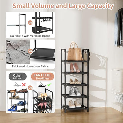 LANTEFUL Narrow Shoe Rack 5 Tier Shoe Shelf Storage for 5-10 Pairs Shoe and Boot, Sturdy Shoe Storage Space Saving Corner Shoe Rack Organizer for Closet, Entryway, Living Room, Black