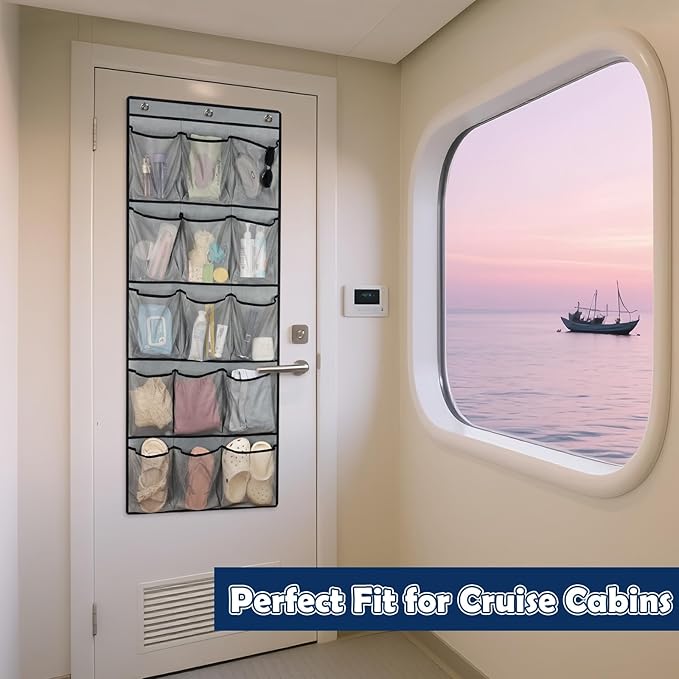 Over The Door Cruise Ship Organizer - Cruise Ship Magnetic Door Organizer with 15 Size-Graded Pockets, Hanging Magnetic Cruise Storage Shoe Rack for Cabin, 2025 Cruise Essential, 9 Hooks(Grey)