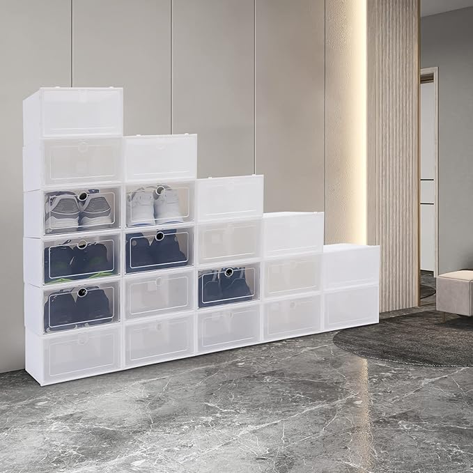 20Pcs Clear Plastic Stackable Foldable Shoe Storage Boxes, Front Opening Shoe Sneaker Holder Containers