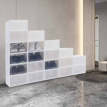20Pcs Clear Plastic Stackable Foldable Shoe Storage Boxes, Front Opening Shoe Sneaker Holder Containers