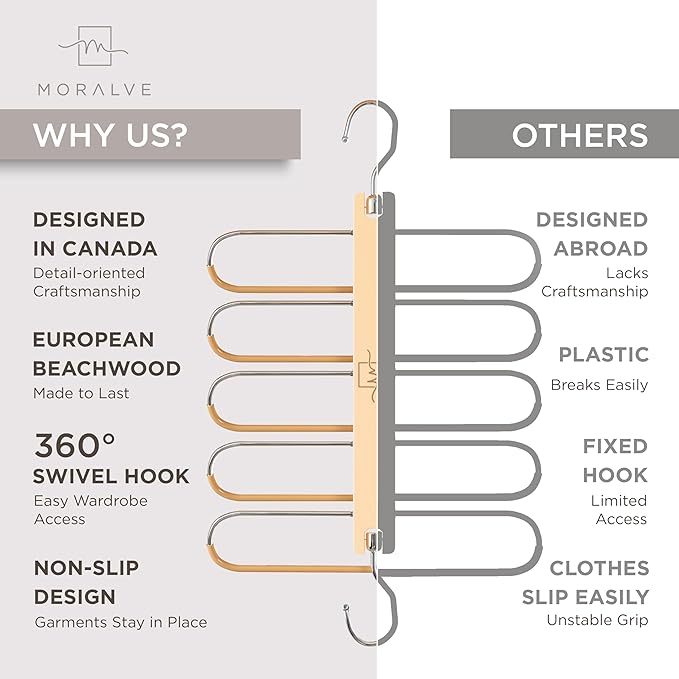 MORALVE Pants Hangers Space Saving - 4 Pack European Beechwood Scarf and Jean Hangers - Closet Organizer and Space Saver Pant Rack, Leggings Hanger, and Scarf Holder with 360° Swivel Hook