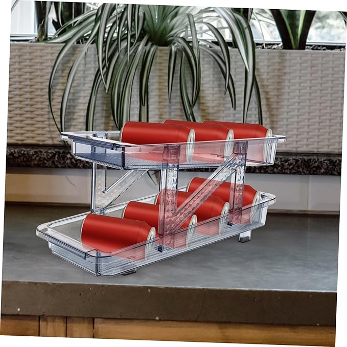 Mikinona Double Tier Can Organizer for Refrigerator Beverage Holder Rack for Easy Access Rolling Drinks Dispenser for Cans and Bottles for Soda Beer and Wine Storage