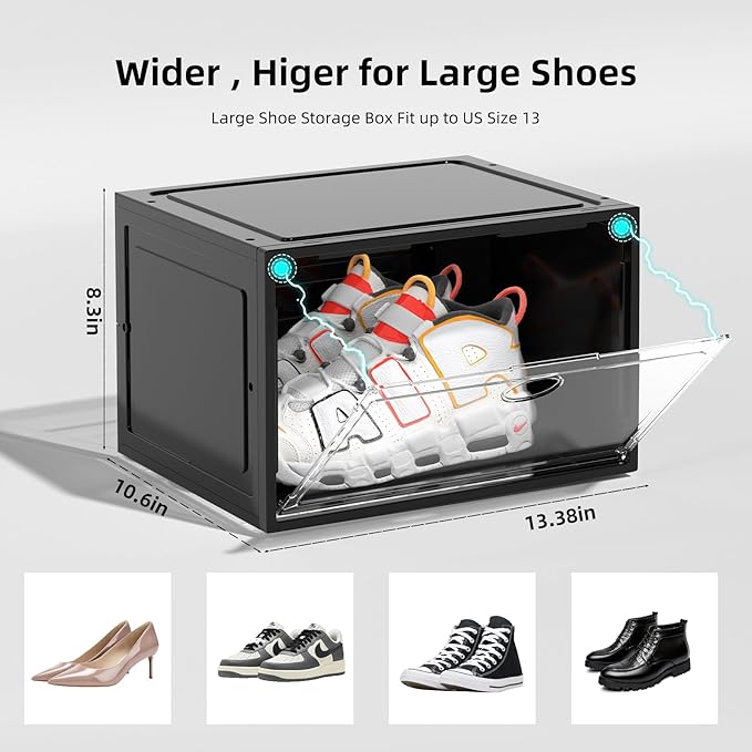 8 Pack XL Drop Side Shoe Box, Entryway Shoe Storage Box, Shoe Organizer for Closet Fit US 12(8 PACK Black)