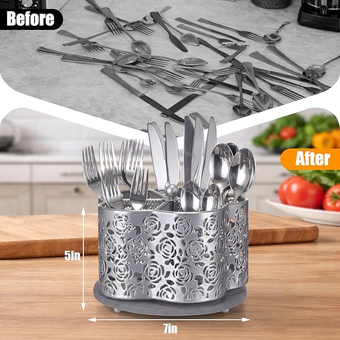 360 Degree Rotating Utensil Caddy Silverware Cutlery Caddy Holder with 5 Compartment Kitchen Countertop Organizer for Spoon Fork Flatware Storage for Home or Outdoor Picnic Camping(Silver)