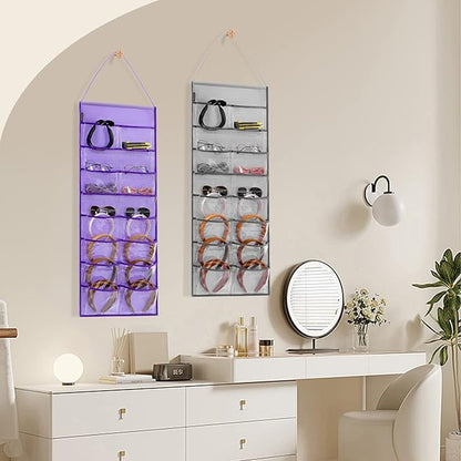 Wall Hanging Headband Organizer Ribbon Hair Hoops Storage Hairbands Hair Accessory Holder with Clear Pockets (PURPLE-16 POCKETS)