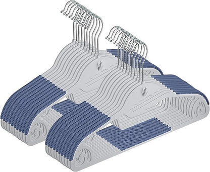 AYO Hangers, Non-Slip, Clothes Hangers, 20 Pieces, Ultra Thin, Multi-Functional Storage, No Stretch Collar, Space Saving, 360 Degree Swivel Hook, Bendable, Load Capacity, Wet and Dry Use, Navy