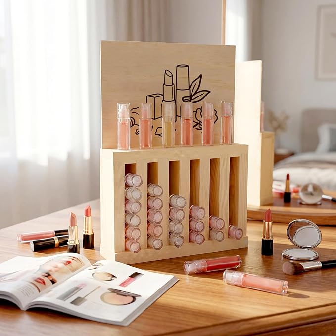 Yalikop 6 Slot Wooden Lipsticks Holder with DIY Wood Cardboard 0.7 Inch Lip Balm Tube Holder Lip Gloss Organizer Display Wood Lipsticks Tube Tower Organizer for Market Craft Booth Room Display