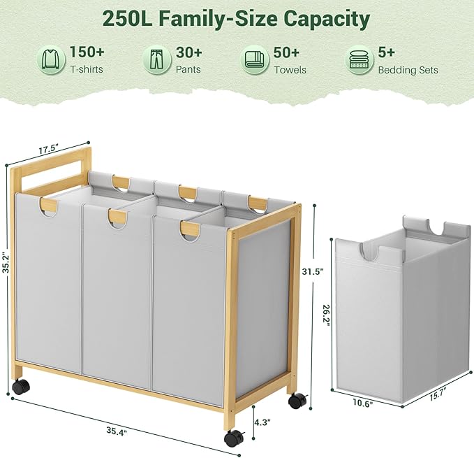 Homykic 250L Laundry Sorter Cart with Wheels, 3-Section Rolling Laundry Basket with Removable Bags, 66 Gal Large Laundry Hamper Organizer, Heavy Duty Bamboo Frame, Water-Resistant, Grey
