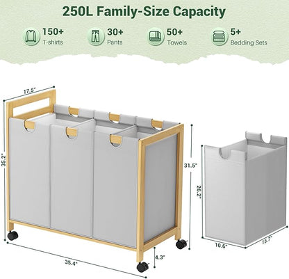 Homykic 250L Laundry Sorter Cart with Wheels, 3-Section Rolling Laundry Basket with Removable Bags, 66 Gal Large Laundry Hamper Organizer, Heavy Duty Bamboo Frame, Water-Resistant, Grey