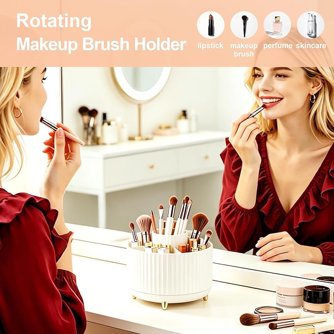 Makeup Brush Holder, Makeup Brush Organizer Countertop, Skincare Makeup Cosmetic Perfume Organizer Storage Box Case for Vanity Bathroom Countertop(Beige)