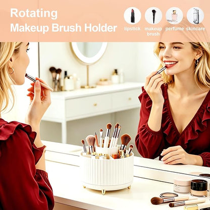 Makeup Brush Holder, Makeup Brush Organizer Countertop, Skincare Makeup Cosmetic Perfume Organizer Storage Box Case for Vanity Bathroom Countertop(Beige)