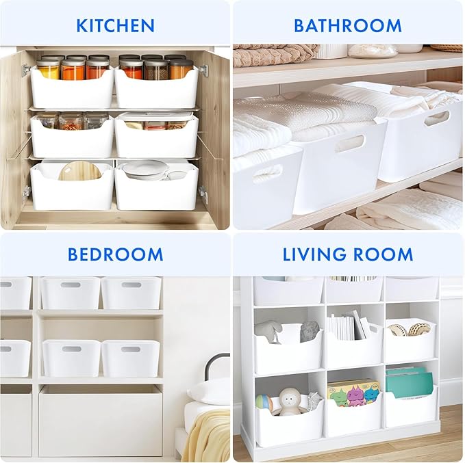 Ytteve 3 Pack Large Plastic Storage Bins with Handles, 13.7x10.2x5.7 Inch White Organizer Containers for Kitchen, Pantry, Closet, Bathroom, Office, Cabinet, Drawer, Snack, Toy & Makeup Organization