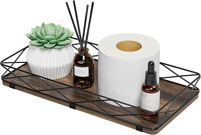 Lixple Toilet Paper Basket Holder, 13" Toilet Tank Tray, Wood and Metal Toilet Tray Vanity Organizer Bathroom Tray, Kitchen Sink Organizer for Soap Dispenser (Brown+Black)